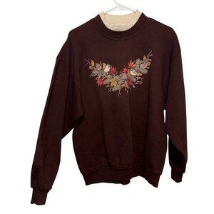 Morning Sun Vintage Brown Sweatshirt With Birds & Floral  Womens L